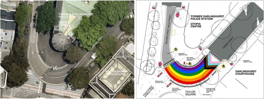 Bourke and Forbes Street raised intersection before and after upgrade.