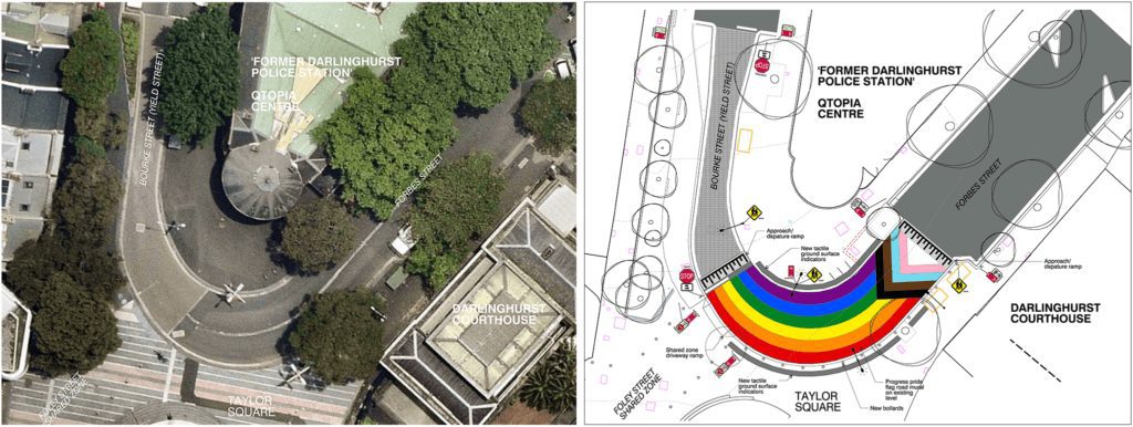 Bourke and Forbes Street raised intersection before and after upgrade.