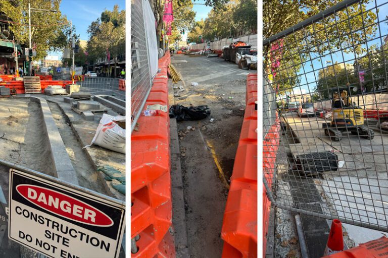 Holes in the ground, barricades up: Oxford St during Mardi Gras